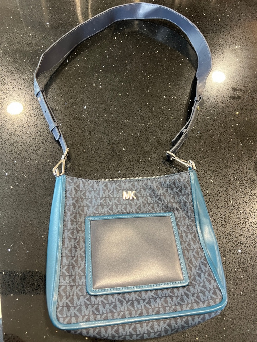 Michael Kors Teal and Navy MK Logo Crossbody Bag
